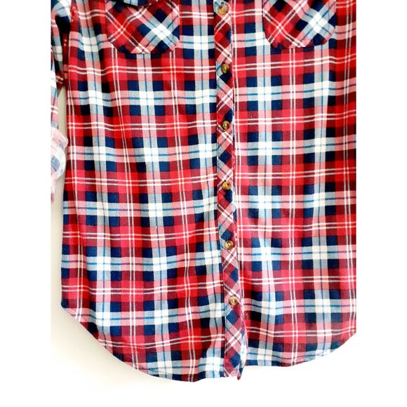 Passport Plaid Red Blue Roll Tab Sleeves Button Shirt Medium - Picture 6 of 7